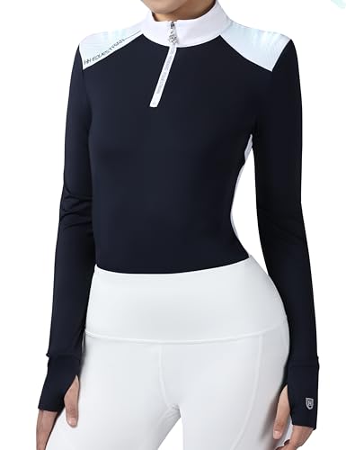 Harrison Howard Damen Reitshirt Reitsport Show Shirt Reiten Reitshirts für Frauen Gespleißte Schulter, Marineblau, Mittel
