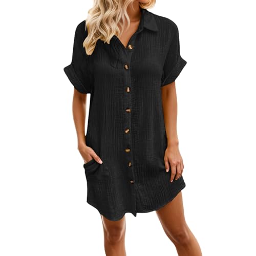 Musselin Kleid Damen Button Down Sommerkleid Revers Style Knopfleiste Knielang Strandkleid Baumwolle Einfarbig Kurzarm Kleid Sommer Blusenkleid Freizeitkleid mit Taschen Hemkleid Knielanges
