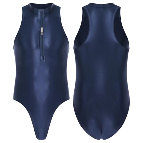 QIANGYTHENKO Herren-Badeanzug, Bademode, Doppelreißverschluss vorne, Gymnastikanzug zum Schwimmen, einteilig, glänzend, ärmellos, marineblau, Einheitsgröße