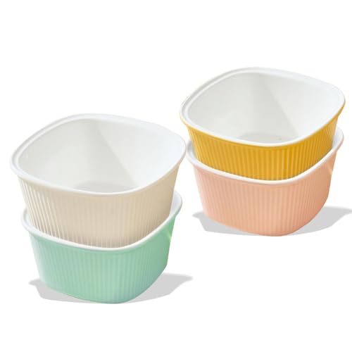 Wondora 4 Stück Creme Brulee Schälchen, Souffle Förmchen Backofenfest, Porzellan-Auflaufförmchen Set, Reme Brulee Schälchen Keramik zum Backen und Anrichten (Mehrfarbig)