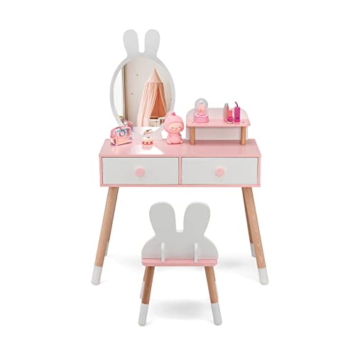 COSTWAY Kinder Schminktisch Set mit Kaninchen Design, 2-in-1-Frisiertisch mit Spiegel, 2 Schubladen & Ablage, Schminkset mit Massivholzbeinen für Mädchen (Weiß)