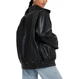 Vintage Y2K Damen Lederjacke Polo-Kragen, Oversized-Passform, Lange Länge Modische Kunstleder Motorrad Bikerjacke für Herbst Winter Trendiger Bombermantel, Perfekte Streetwear (Color : Schwarz, Size