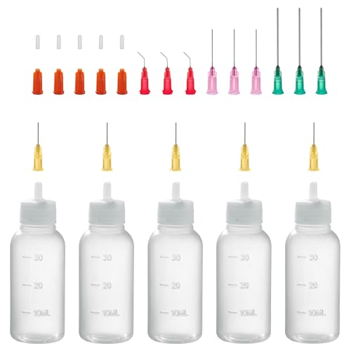 Nadelflaschen, 30ml Dosierflasche, Nadelspitze Applikator Flasche mit 14 Dispensing feine Nadeln und 12 Kappen für DIY Handwerk Nachfüllen Leim, Acrylfarbe, Öl, 5 Stück Leimflasche Leer (30ml)