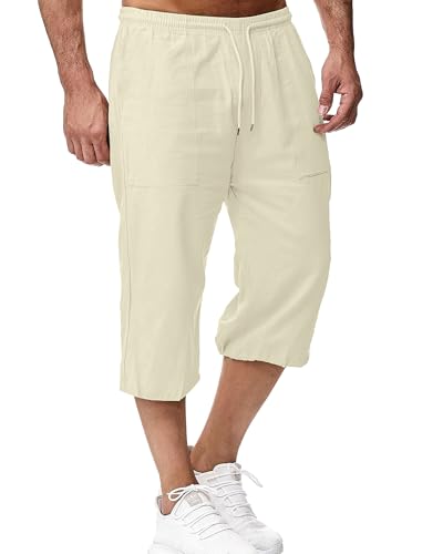LVCBL Leinen Shorts Herren Kurze Hose mit 4 Tasche Bermuda Hose Sommer Beige M