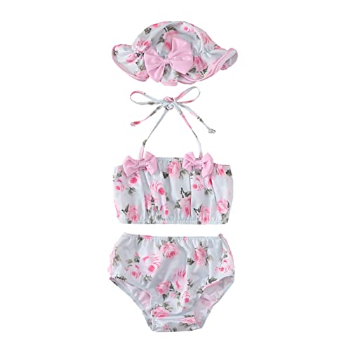 Jungen Schwimmen Floarl Bikini Rüschen Bademode Hut Outfits Zwei Bowknot Badeanzug Mädchen Stück Gedruckt Leopard Baby Sommer Mädchen Bademode (Pink, 6-12 Months)