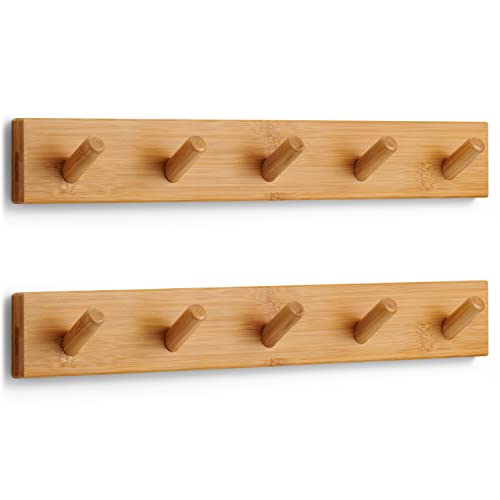 LARHN Garderobenhaken Holz (2 Stück) - Garderobenleiste Holz mit 5 Haken - 43 cm - Kleiderhaken Wand - Wandgarderobe für Flure, Garderoben, Schlafzimmer und Badezimmer