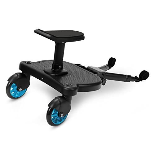 Tubiaz Buggy Board mit Sitz, Kiddy Board Trittbrett, Universal Stehbrett, 360°Zweirad Design, Kinderwagen Zubehör, mit Kinderwagensitz, passend für jeden Kinderwagen erhältlich(Blau)