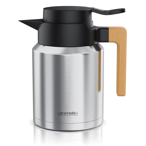 Arendo - Thermoskanne 1l Edelstahl – doppelwandig – 1200 ml – SUS 201/304 Edelstahl – Griff aus Buche Echtholz - Quick Tip-Verschluss - auslaufsicher – abnehmbarer Deckel - BPA-frei