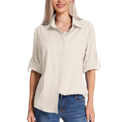 yeyity Damen Hemdbluse UV Schutz Langarmshirt Damen Schnell Trocknende Sport Shirts Wandershirt Safari Casual Button Up Tops Strandurlaub Elegant Bluse(5019,Light Khaki,L)