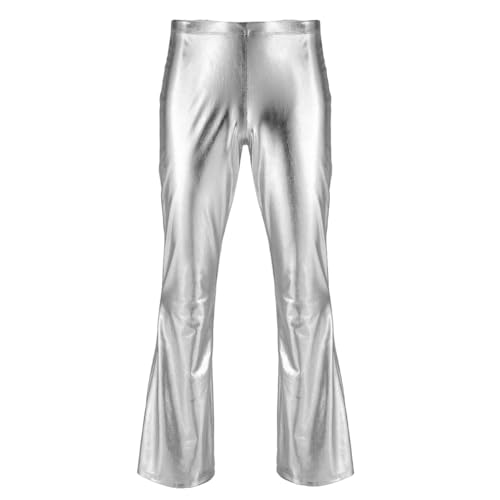 Nyeemya Herren Metallic Glänzend Lange Hose Nachtklub Party Ausgestellte Tanzhose Männer 70er Jahre Outfits Silber XXL