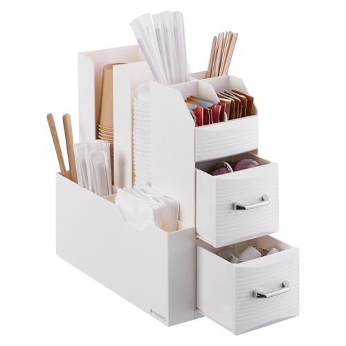 Navaris Kaffee und Tee Organizer Set - Aufbewahrungsbox Kaffeezubehör Zuckersticks Kaffeesahne - Teebeutel Kaffeepads Zubehör Aufbewahrung - Coffee Bar - Cremefarben