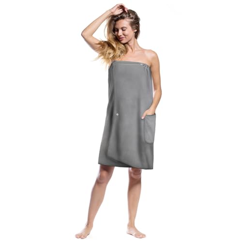 Aomig Sauna Zubehör Saunahandtuch Saunakilt Damen, Knopffrottee Saunarock, Elastische Taschen Saunakleid Damen, Grösse Anpassen Saunatuch, Hamamtuch Saunakilt Damen(Grau)