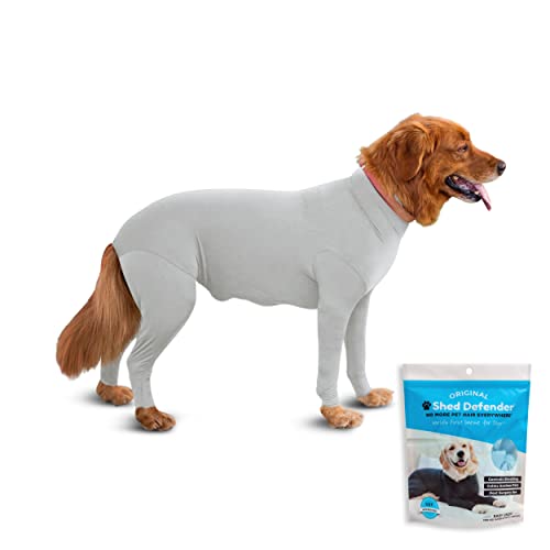 Shed Defender Body Suit for Dogs – Original –Anti Shedding Shirt, Reduce Dog Hair, Dog Onesie Surgery Recovery Suit, Anxiety, Calming, Car Seat Cover, E-Collar, Hot Spots, Jumpsuit(Heather Grey, L)