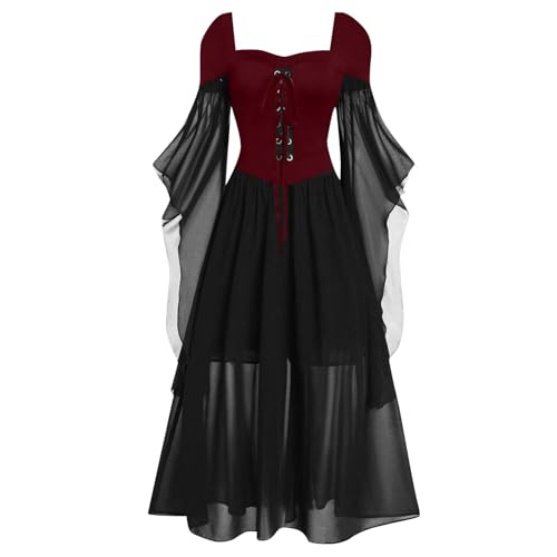 MNSWR Halloween Damen Mexikanisches Kleid Volant Schulterfreies langes Blumenkleid mit Gürtel Sommer Boho Cinco de Mayo Tag der Toten Festkleid Halloween Karneval Festzug Partykleid Halloween Gotisch