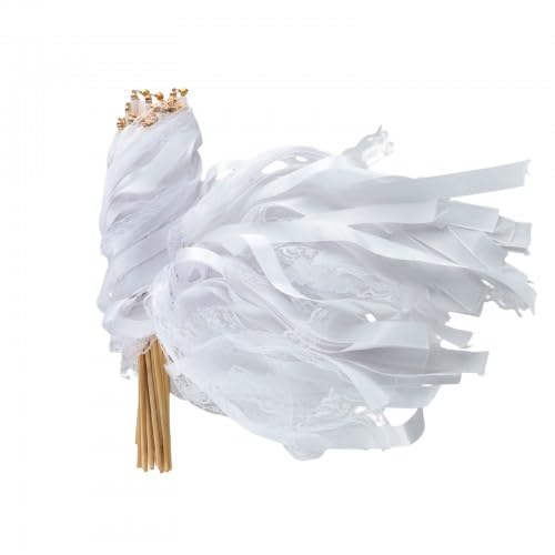 Focenat 30 Stück Zauberstäbe Hochzeit Luftschlangen Weiß Spitze, Hochzeit Bänder, Wedding Wands mit Glöckchen, Stab mit Band, für Hochzeiten Geburtstage Partys Feiertagsfeiern Verwendet