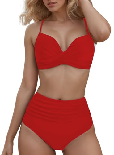 Bikini Damen Set Sexy High Waist Bademode Oberteil Triangel Badeanzug Große Oberweite Badebekleidung Mädchen Badeanzüge (DE/NL/SE/PL, Alphanumerisch, XL, Regular, Regular, Rot)