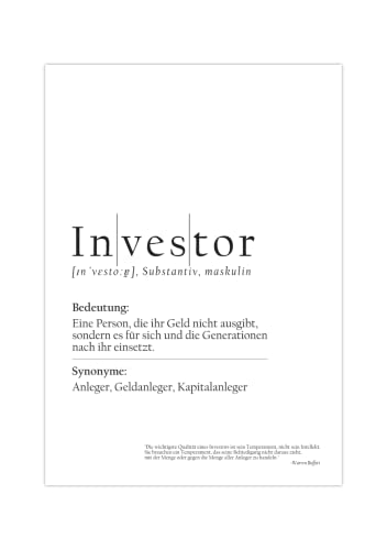 Generisch Börsen Poster Investor Definition | Aktien Bild mit Zitat weiß A3 (42 x 29,7 cm)