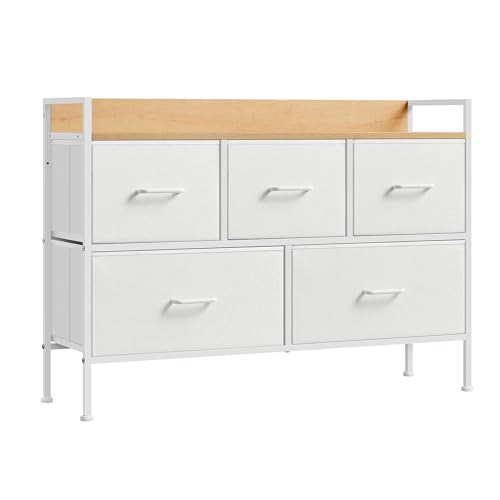 SONGMICS Kommode, Schrank, 5 Stoffschubladen mit Griffen, Metallgestell, Industrie-Design, wolkenweiß-eichenbeige LTS135W01