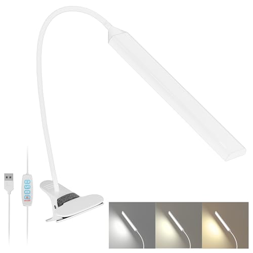 LUTW Klemmlampe LED Dimmbar, 3 Modi 10 Helligkeitsstufen Klemmleuchte USB Aufladbar, 360° Schwanenhals Augenschutz Schreibtischlampe LED für Büro Kopfteil Videokonferenz, 8W Weiß