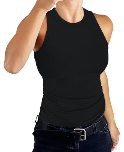 DUOEASE Tank Top Damen Schwarz Rundhals Basic Ärmellose T-Shirts Gerippt Slim Fit Oberteile Damen 2025-Schwarz-M