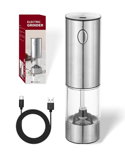 Elektrische Salz- und Pfeffermühle, Stufenlos einstellbarer Keramikmahlwerk aus Edelstahl, wiederaufladbar per USB, mit Bürste und Sichtfenster