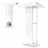 Vakiorn Kirchenpult Podium mit Kreuz Design, 115 cm Höhe, weißes Acryl, 2-Tier Lagerung, Kanzel für Kirchen Stand für Klassenzimmer, Konferenz, Hochzeit und mehr