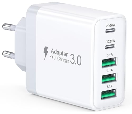 USB C Ladegerät, 50W 5-Port Mehrfach Ladegerät, Schnellladeblock Dual Port Power Adapter+QC Wandstecker USB C Netzteil für iPhone 16 15 Pro Max 14 13 12 SE 2020 XS XR 8 7 Samsung Handys