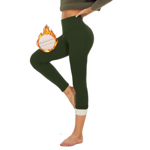 HLTPRO Thermo Leggings Damen Gefütterte Winter High Waist Thermohose Dicke Thermoleggings Warm Leggins für Outdoor Hause Armee grün M