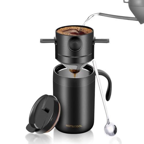 Tragbares Kaffeebereiter-Set – 473 ml Camping-Kaffeetropfer mit wiederverwendbarem Becher, perfekt für Reisen, Rucksackreisen und Büro