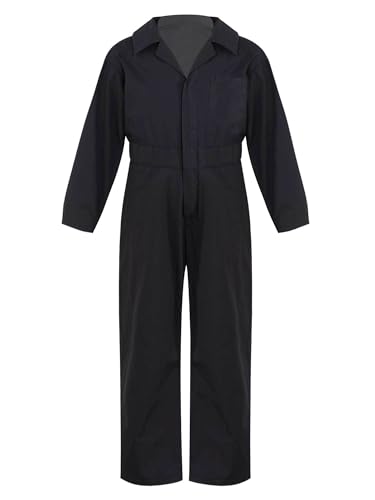 Mufeng Kinder Jungen Jumpsuit Overall Arbeitslatzhose Coveralls mit Buttons Baumwolle Arbeitsoverall Schutzanzug Einfarbig B Schwarz 170-176
