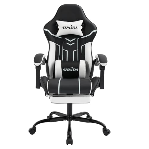 SUKIDA Gaming Stuhl Computerstuhl Ergonomischer Gaming Chair mit Fußstütze Bürostuhl Ergonomischer Computerstuhl mit Lendenwirbelstütze Blackwhite