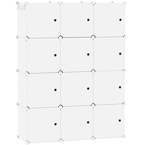 C&AHOME Würfelförmiger Aufbewahrungs-Organizer mit Türen, 12-Würfel-Regalbretter, Schrankschrank, DIY-Modul-Bücherregal aus Kunststoff, 36,6" L x 12,4" B x 48,4" H, milchig, USHS3012M-DOOR