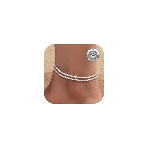 Kenivira Sterling Silber Fußkettchen für Frauen, zierlich geschichtet wasserdicht Fußkettchen für Frauen einstellbar, Strand Fußkettchen für Damen