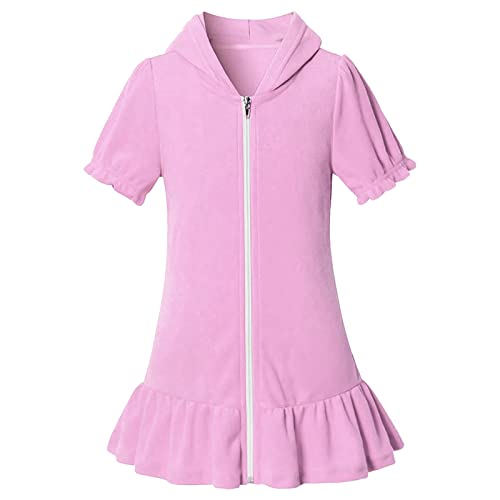 Frottee-Coverups für Mädchen, mit Kapuze, Reißverschluss, Baumwolle, Sommer, kurzärmelig, Bademantel, Strandkleid, gesmokte Kleider für Babys, Mädchen, Rosa, 3–4 Jahre