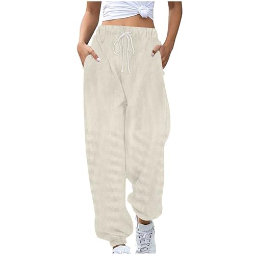 EMATOP Cordhose Damen Lässig Sport Sweathose Warm Winter Sporthose Lange Elegant Jogginghose High Waist Freizeithose mit Taschen Laufhosen Elastische Taille Yogahose Baumwolle Einfarbig Hosen