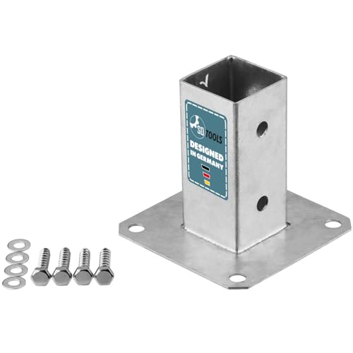 SOTOOLS Bodenhülse für 50 x 50 mm Vierkantpfosten feuerverzinkt Pfosten Bodenhülse Zaunträger Hülse Bodenplatte Pfostenträger aufschrauben Anker