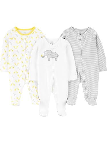 Simple Joys by Carter's Unisex Baby 3-Pack Neutral Sleep and Play Kleinkind-Schlafanzüge, Hellgrau Ministreifen/Weiß Elefant/Giraffe, 3-6 Monate (3er Pack)