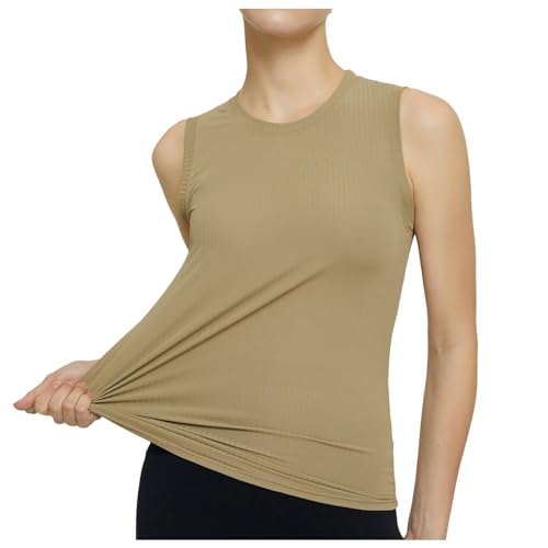 Damen Casual Sport Tank Top Ärmellos Sportlicher Stil Geschwungener Saum Running Atmungsaktiv Solide Rundhals Mode Ausgehen Tank Top, beige, Large