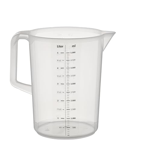 APS Messbecher 5 Liter, Ø 20,5 x H: 25,5 cm, Kunststoffbecher mit geprägter Maßskalierung außen, geschlossener Griff, 1- und ml-Liter- Einteilung, spülmaschinengeeignet