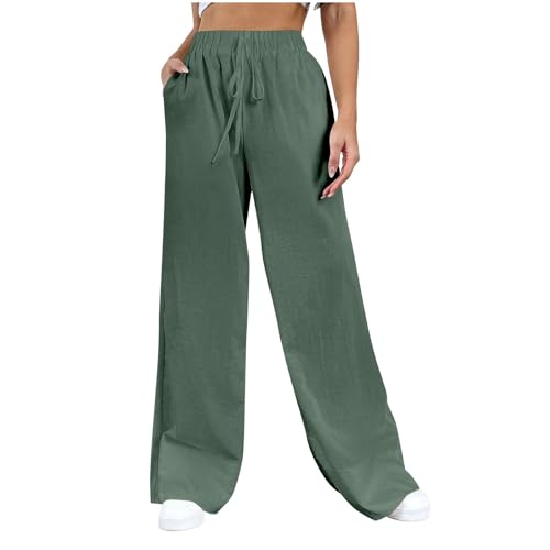 Hose Damen Elegant Einfarbig Sommerhose Casual Leichte Baumwolle Freizeithose Stoffhose Sommer Freizeit Lang Hose Bequeme Luftige Freizeithose Strandhose Mit Taschen Kordelzug（6-Dark Green,XXL