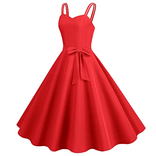 Damen Träger-Sommerkleider Faltenkleid Swing Kleider für UK Party Knielang formelle Kleider Übergröße Vintage Cocktailkleid Spaghettiträger Midikleid Rüschen Wickelkleid A-Linie Midikleid, rot, M