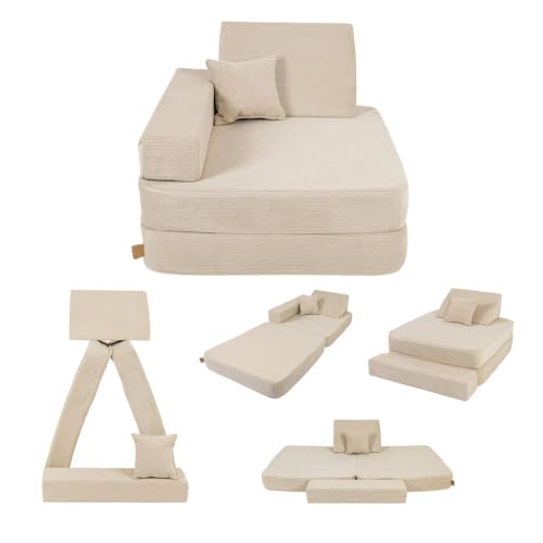 Angelove Kindersessel - Kindercouch für Kinderzimmer, Faltbare Kindersessel ab 1 Jahr und Spielmatratze, Bequemer und Multifunktionaler Kinder Sessel, Cord, Beige