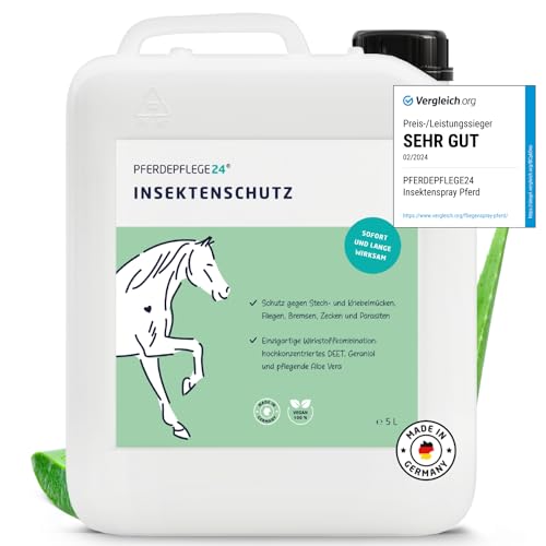 PFERDEPFLEGE24 Insektenspray Pferd DEET - Sofortiger Schutz & Langanhaltende Wirkung - 5 Größen - Fliegenspray Pferd stark Hochkonzentriert & Wirksam gegen Mücken, Fliegen, Bremsen & Zecken 5l