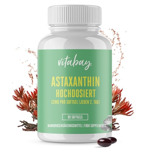 Vitabay Astaxanthin 12 mg Hochdosiert & Vegan - 90 Softgel Kapseln Laborgerpüft & Ohne unerwünschte Zusätze - Natürliches Astaxanthin
