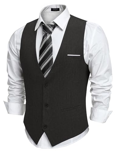 COOFANDY Weste Herren Anzug Anzugweste mit Taschen Gilet V-Ausschnitt Hochzeit Weste Businessweste Suit Vest Frackweste Smoking Weste Elegant Schwarz 3XL