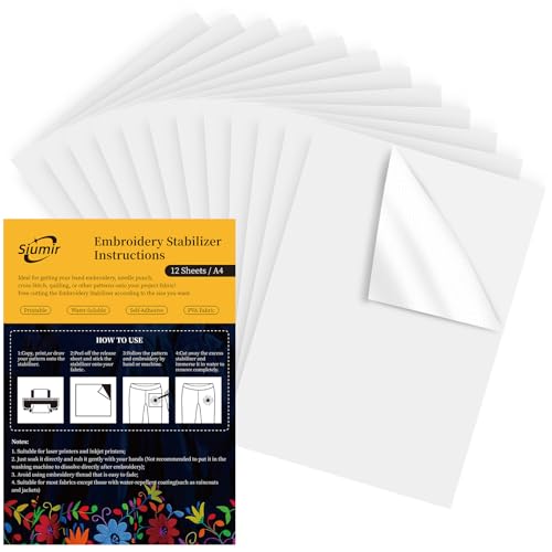 Siumir 12PCS Stickvlies Selbstklebende Wasserlösliche, A4 (29.7x21cm) Wasserlösliches Stickpapier, Drucken oder Zeichnen Zeichenstabilisator für Hand- und Maschinenstickereien