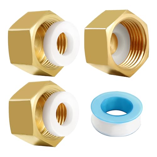 Lyeteung 3 Stücke G3/8 Messing Kappe Innengewinde, Messing Rohrkappe Endkappe, Gewindekappe Messing Schlauchkappen Sechskant, mit Schlauchunterlegscheiben and Rohmaterialband