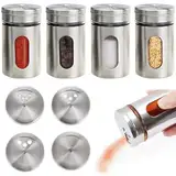 4 Stück Gewürzstreuer, Gewürzdosen Edelstahl, 80ml Gewürzstreuer Glas, Gewürzgläser mit Streueinsatz, Gewürzbehälter für Gewürze Küchenutensilien, mit Sichtfenster und 3 Verschiedenen Lochgrößen