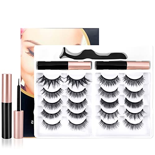10 Paaren 3D Falsche Wimpern mit 2 Tuben Eyeliner und 1 Pinzette，Magnetische Wimpern，Natürlich Magnet Wimpern Set，Wiederverwendbare Magnetic Eyelashes，Wasserfestes，Langanhaltendes Make-up
