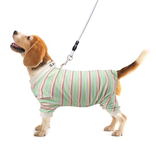 Sahunfri Hunde-Pyjama für mittelgroße und kleine Hunde, warmer weicher Katzenpullover zum Schlafen, Einteiler mit Leine, D-Ring (Grün, L)